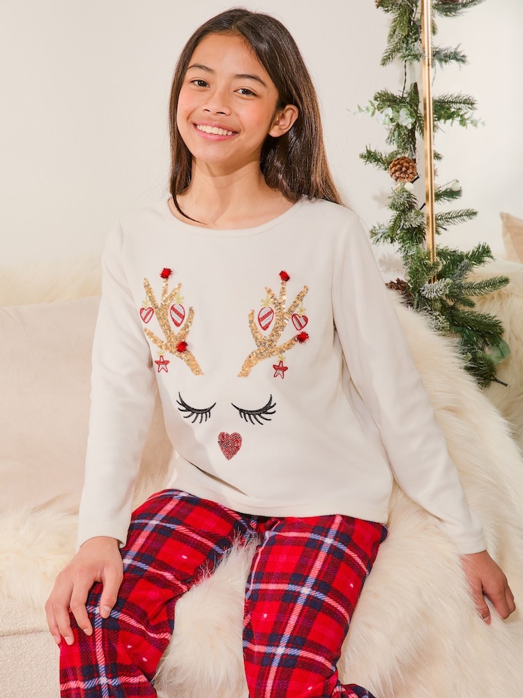 Lipsy Cream Christmas Reindeer Soft Touch Fleece Pyjamas (3-16yrs) - Image 2 of 4