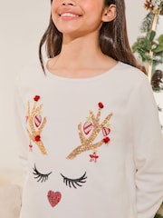 Lipsy Cream Christmas Reindeer Soft Touch Fleece Pyjamas (3-16yrs) - Image 3 of 4