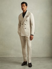 Reiss Oatmeal Halgas Linen Double Breasted Modern Fit Blazer - Image 1 of 6