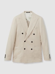 Reiss Oatmeal Halgas Linen Double Breasted Modern Fit Blazer - Image 2 of 6