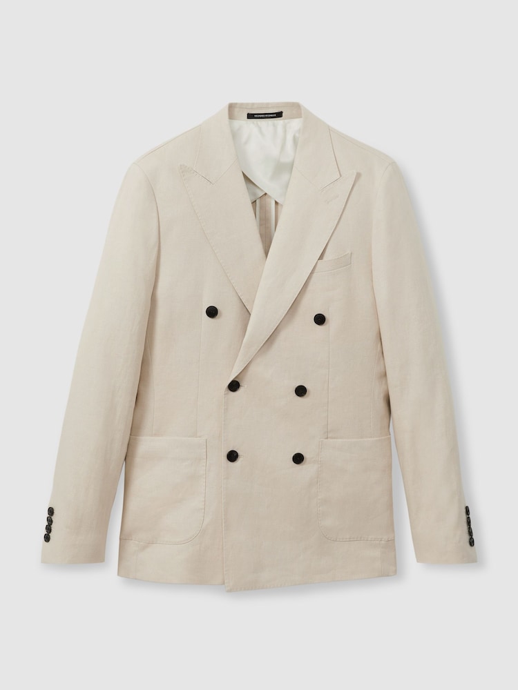 Reiss Oatmeal Halgas Linen Double Breasted Modern Fit Blazer - Image 2 of 6