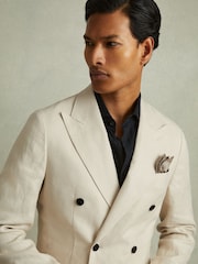 Reiss Oatmeal Halgas Linen Double Breasted Modern Fit Blazer - Image 3 of 6