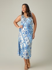 Live Unlimited Blue Curve Tile Print Bias Slip Dress - Image 1 of 8