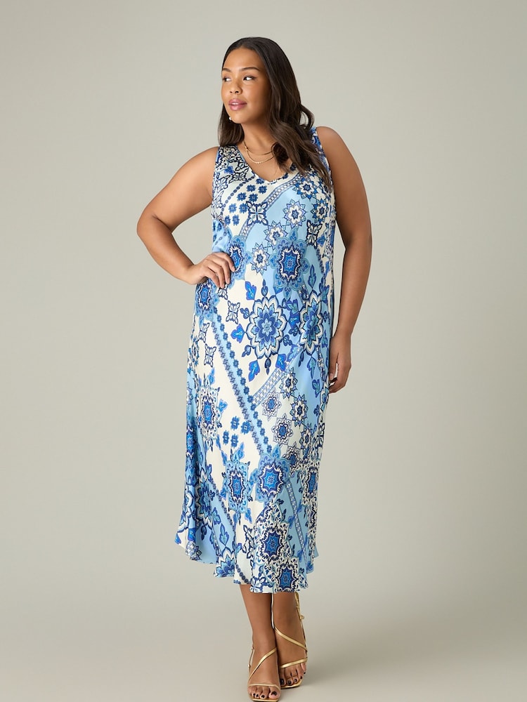Live Unlimited Blue Curve Tile Print Bias Slip Dress - Image 1 of 8