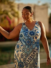 Live Unlimited Blue Curve Tile Print Bias Slip Dress - Image 6 of 8