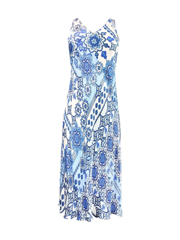 Live Unlimited Blue Curve Tile Print Bias Slip Dress - Image 8 of 8