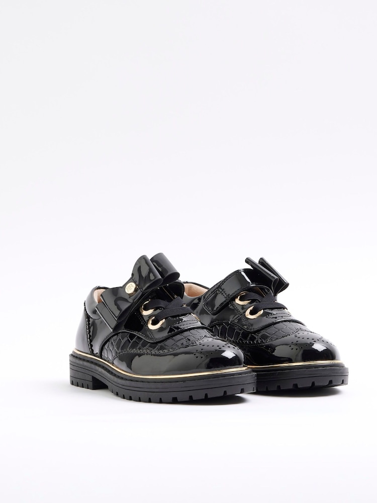 River Island Black Girls Patent Mix Brogues Shoes - Image 2 of 5