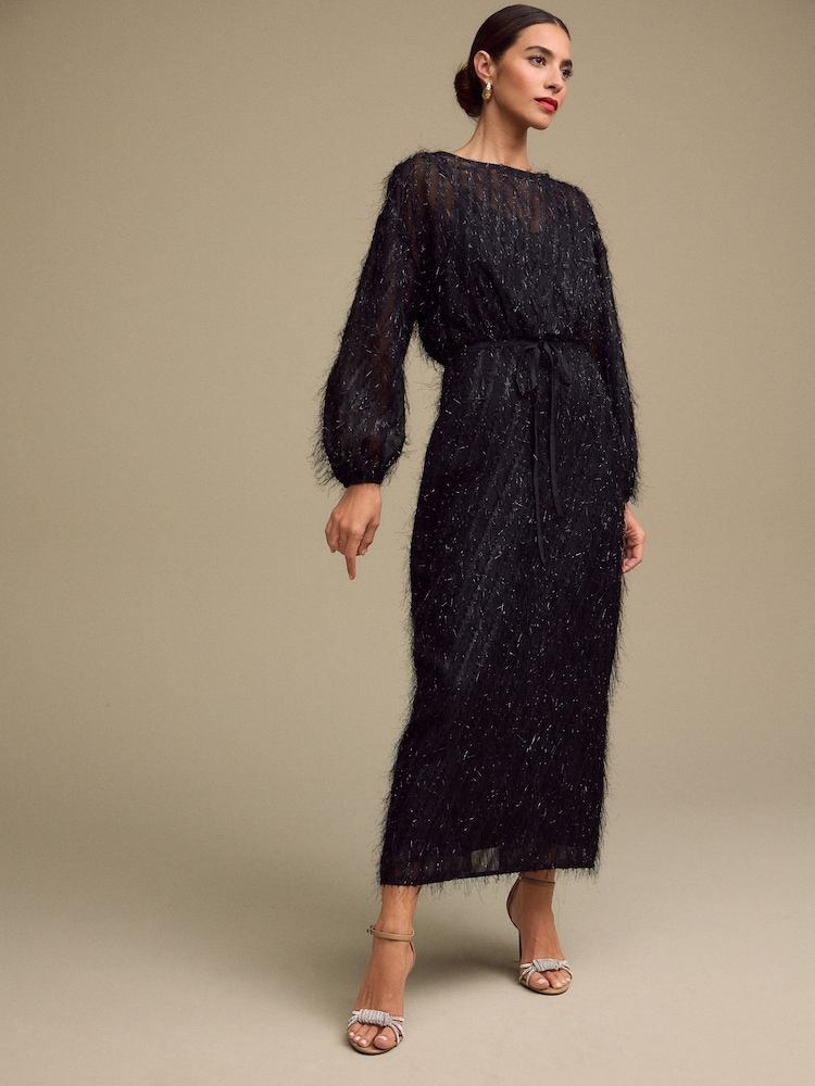 Black Long Sleeve Tie Waist Sparkle Maxi Dress - Image 1 of 4
