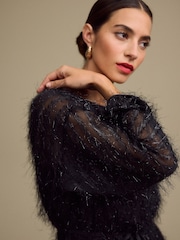 Black Long Sleeve Tie Waist Sparkle Maxi Dress - Image 3 of 4