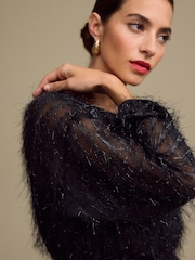 Black Long Sleeve Tie Waist Sparkle Maxi Dress - Image 4 of 4