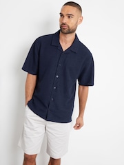 Threadbare Navy Textured Revere Collar Short Sleeve Shirt - Image 1 of 4