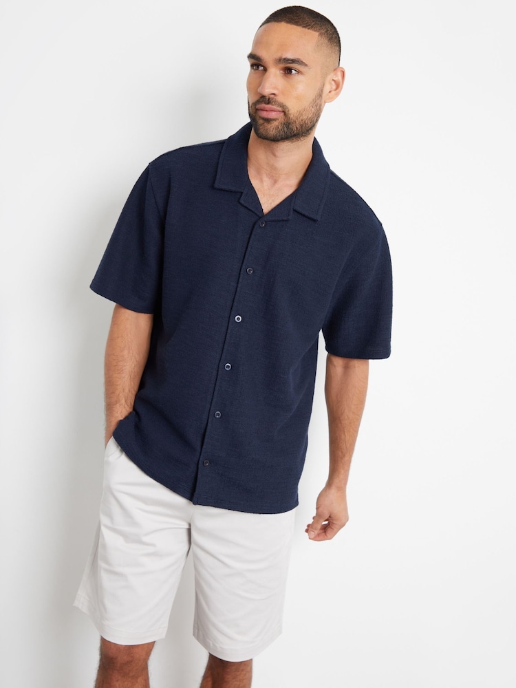 Threadbare Navy Textured Revere Collar Short Sleeve Shirt - Image 1 of 4