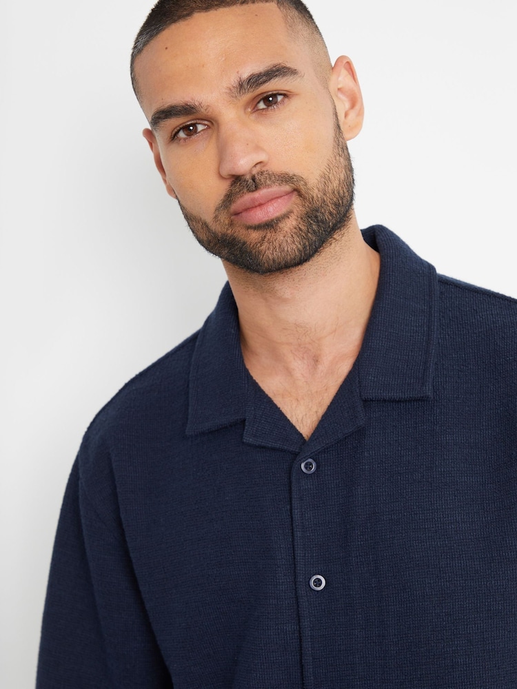 Threadbare Navy Textured Revere Collar Short Sleeve Shirt - Image 4 of 4