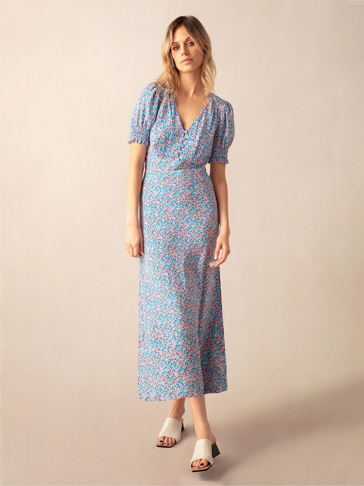 Ro&Zo Blue Ditsy Print Shirred Cuff Midi Dress - Image 1 of 6
