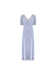 Ro&Zo Blue Ditsy Print Shirred Cuff Midi Dress - Image 5 of 6