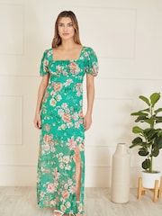 Yumi Green Floral Print Square Neck Maxi Dress With Split Hemline - Image 1 of 5