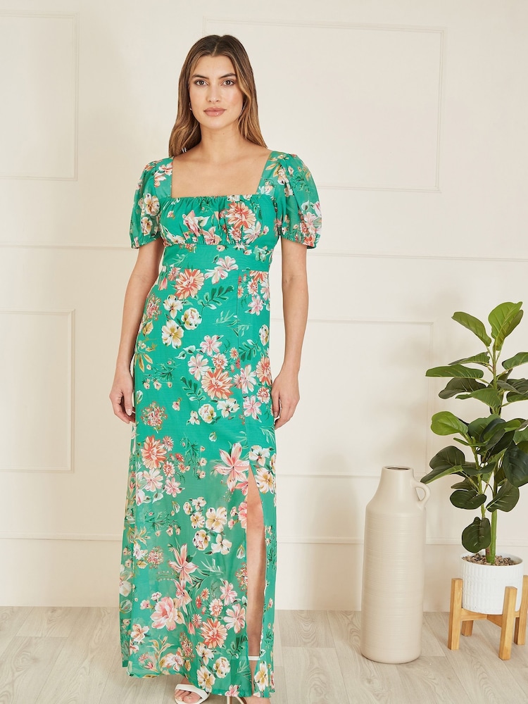 Yumi Green Floral Print Square Neck Maxi Dress With Split Hemline - Image 1 of 5