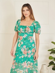 Yumi Green Floral Print Square Neck Maxi Dress With Split Hemline - Image 2 of 5