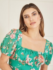 Yumi Green Floral Print Square Neck Maxi Dress With Split Hemline - Image 3 of 5