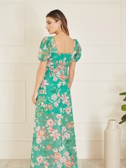 Yumi Green Floral Print Square Neck Maxi Dress With Split Hemline - Image 4 of 5