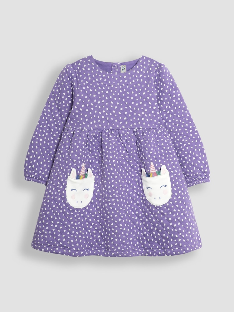 JoJo Maman Bébé Lilac Unicorn Appliqué Pocket Quilted Dress - Image 1 of 3
