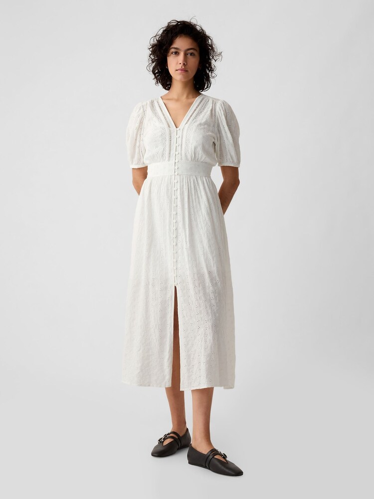 Gap White Puff Sleeve Button Front Broderie Midi Dress - Image 2 of 6 Gap White Puff Sleeve Button Front Broderie Midi Dress - Image 2 of 6