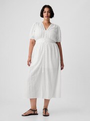 Gap White Puff Sleeve Button Front Broderie Midi Dress - Image 5 of 6