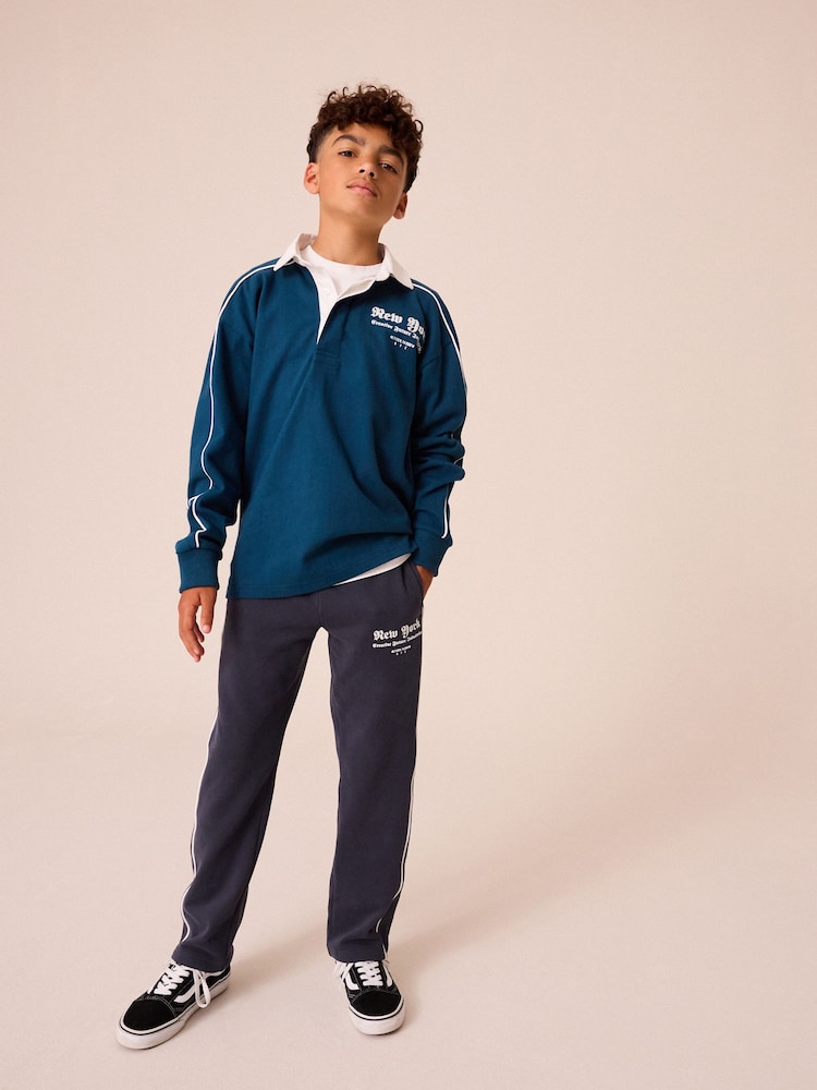 Blue 100% Cotton Rugby Long Sleeve Polo Shirt and Jogger Set (3-16yrs) - Image 1 of 8