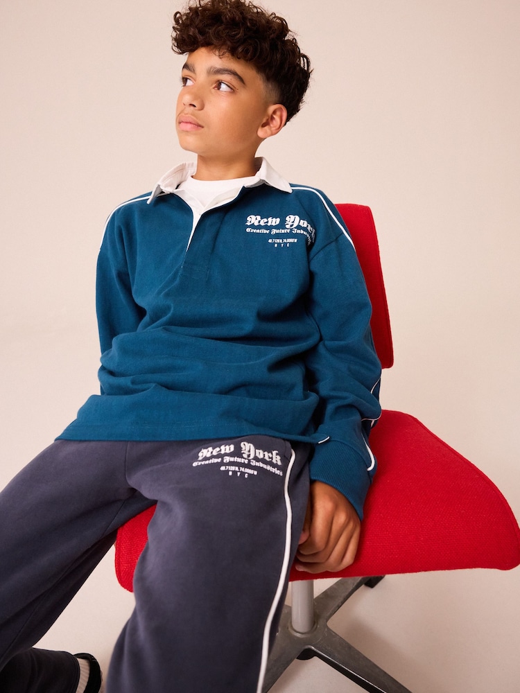 Blue 100% Cotton Rugby Long Sleeve Polo Shirt and Jogger Set (3-16yrs) - Image 2 of 8