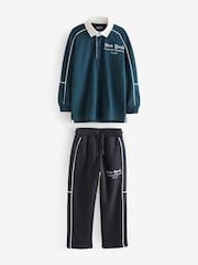 Blue 100% Cotton Rugby Long Sleeve Polo Shirt and Jogger Set (3-16yrs) - Image 4 of 8