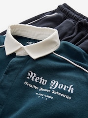 Blue 100% Cotton Rugby Long Sleeve Polo Shirt and Jogger Set (3-16yrs) - Image 7 of 8