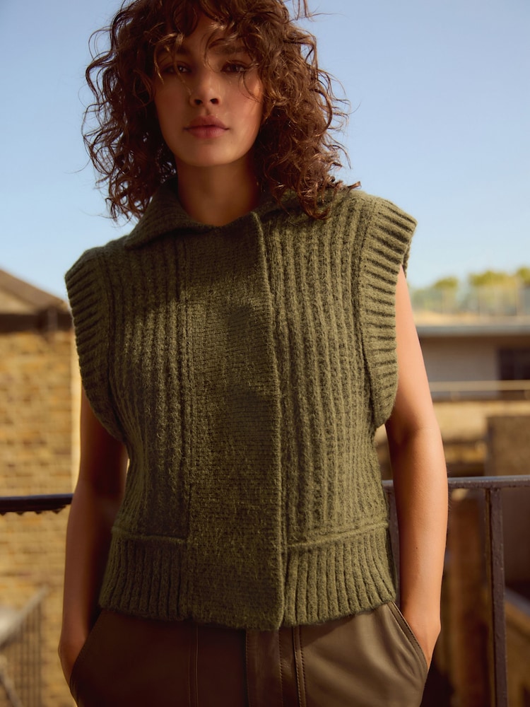 Khaki Green Collared Button Up Sleeveless Knitted Gilet Jacket - Image 1 of 7