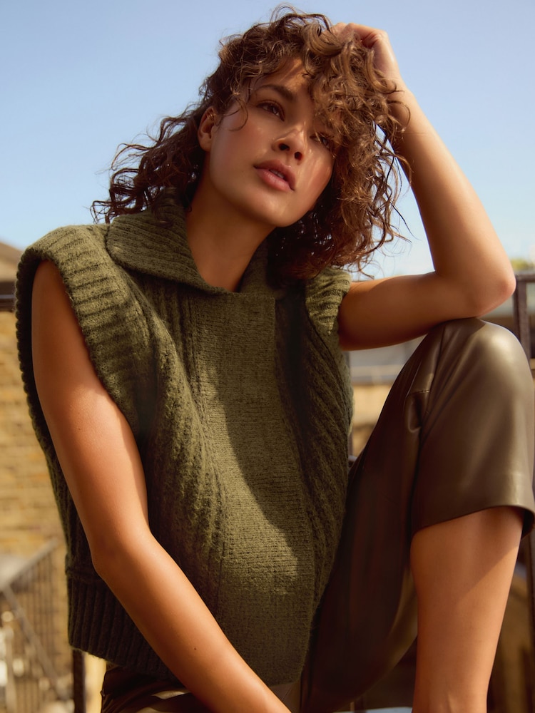 Khaki Green Collared Button Up Sleeveless Knitted Gilet Jacket - Image 2 of 7