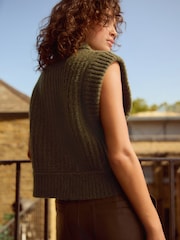 Khaki Green Collared Button Up Sleeveless Knitted Gilet Jacket - Image 3 of 7