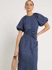 River Island Midikleid mit gerafften Puffärmeln - Bild 3 von 3