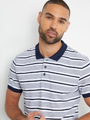 Threadbare Navy 100% Cotton Polo Shirt With Herringbone Detail Collar - Image 1 of 4