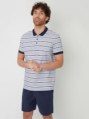 Threadbare Navy 100% Cotton Polo Shirt With Herringbone Detail Collar - Image 2 of 4