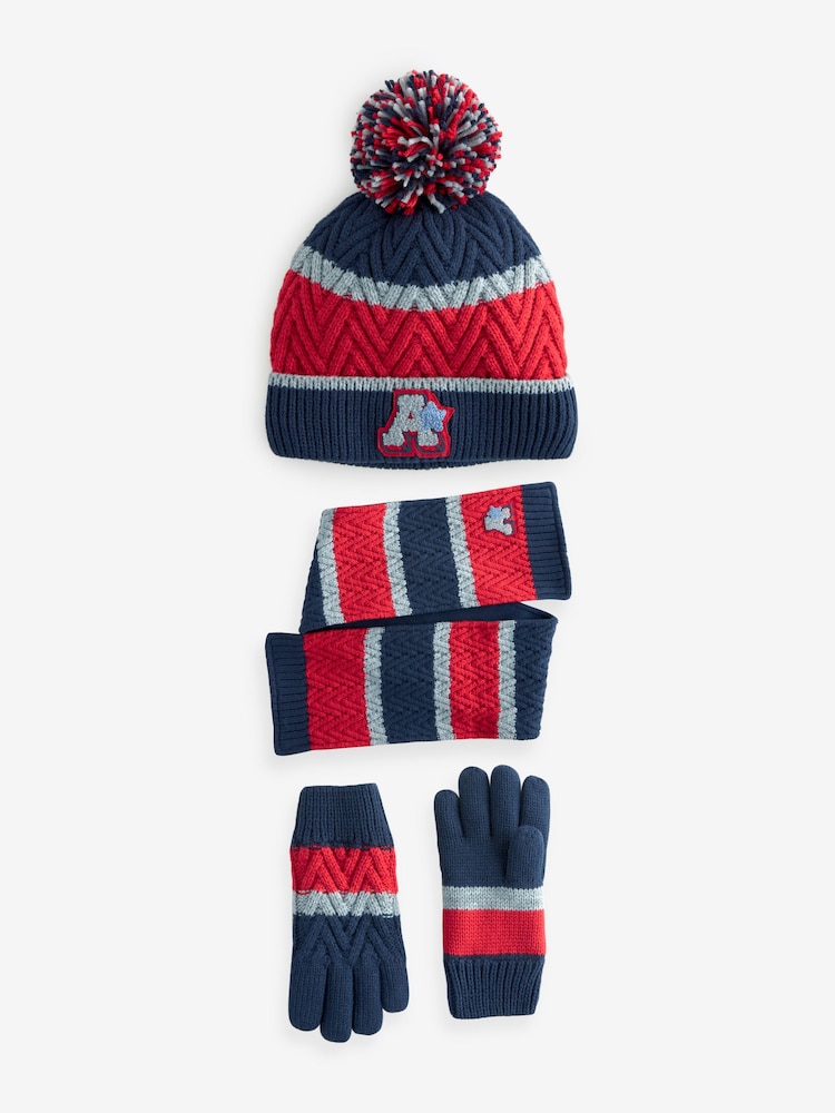 Red/Navy Varsity Stripe Hat, Scarf and Gloves Set (3-16yrs) - Image 1 of 10