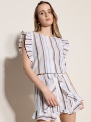 Apricot White Shimmer Stripe Ruffle Mini Shorts - Image 2 of 4