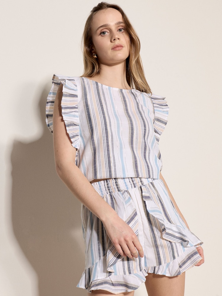 Apricot White Shimmer Stripe Ruffle Mini Shorts - Image 2 of 4