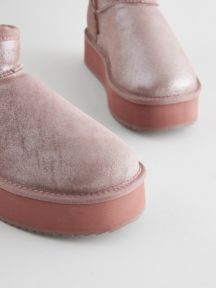 Dusky Pink Metallic Shower Repellent Suede Faux Fur Lined Platform Boots - Image 4 of 5