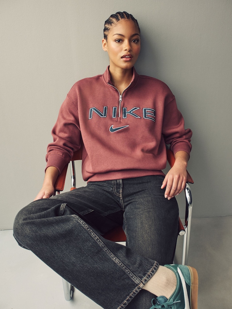 Nike Burgundy Red Phoenix Fleece Varsity Over-Oversized Logo Quarter-Zip Sweatshirt - Image 2 of 8