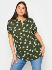 Yours Curve Green Abstract Print Textured Notch Neck Top - Image 1 of 5
