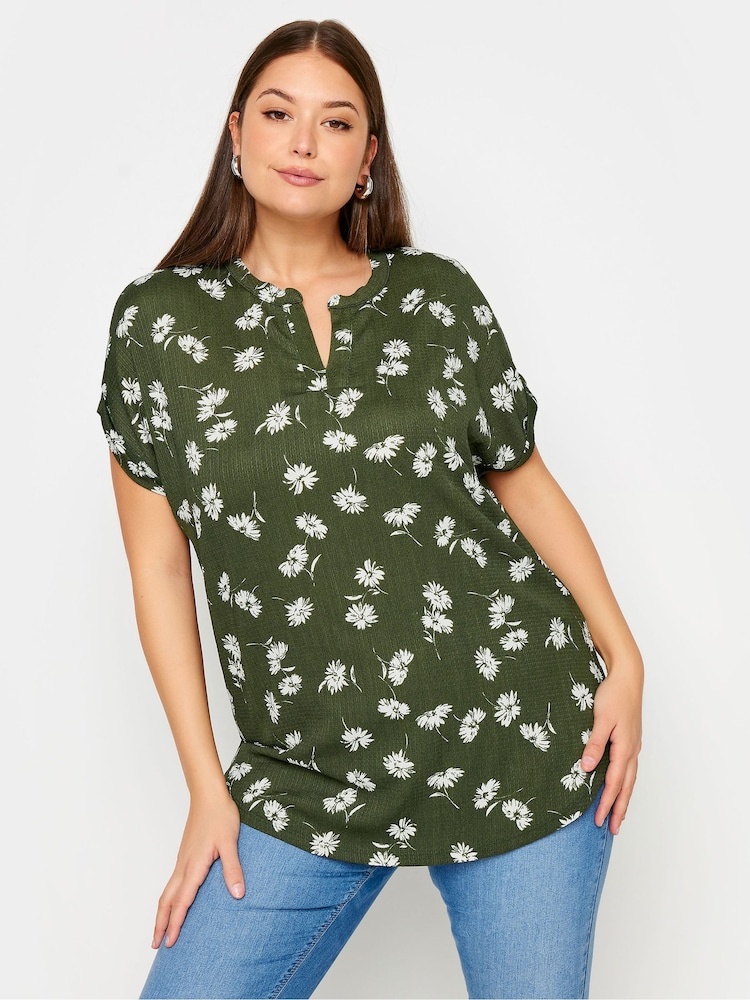 Yours Curve Green Abstract Print Textured Notch Neck Top - Image 1 of 5