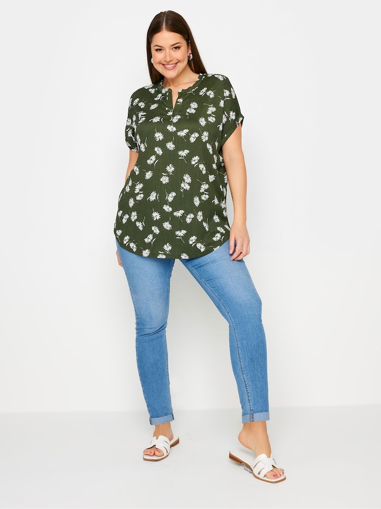 Yours Curve Green Abstract Print Textured Notch Neck Top - Image 2 of 5