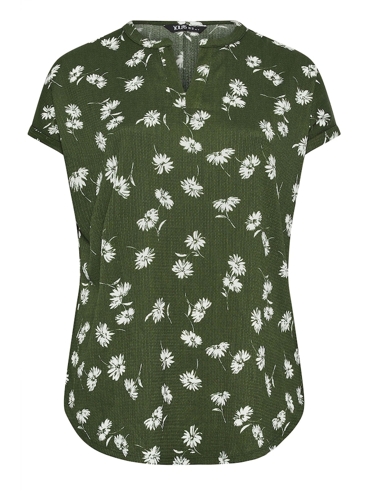 Yours Curve Green Abstract Print Textured Notch Neck Top - Image 5 of 5