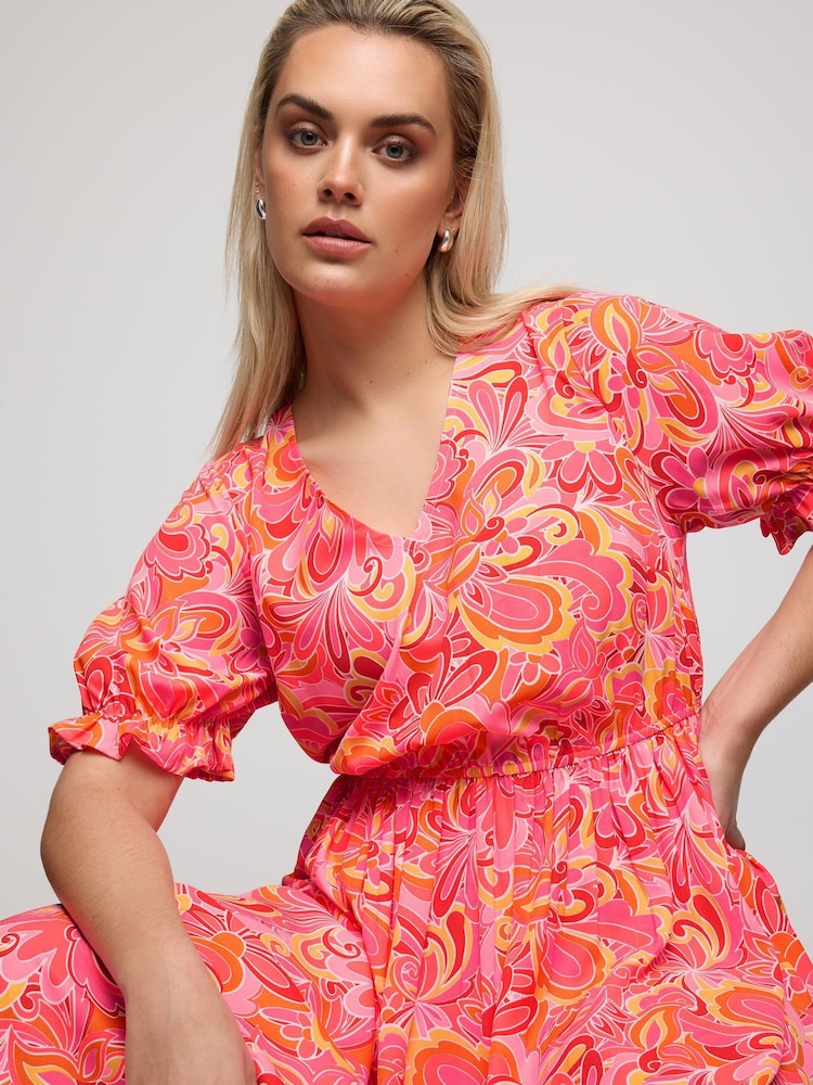 Yours Curve Pink YOURS Curve Pink Abstract Print Midi Dress - Image 1 of 5