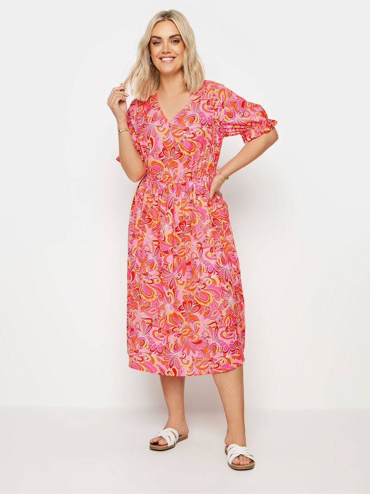 Yours Curve Pink YOURS Curve Pink Abstract Print Midi Dress - Image 2 of 5