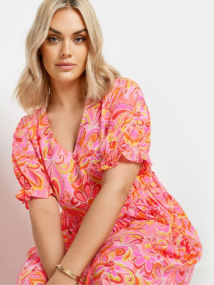 Yours Curve Pink YOURS Curve Pink Abstract Print Midi Dress - Image 5 of 5