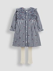 JoJo Maman Bébé Navy Blue Cherry Embroidered Frill Shoulder Smocked Dress & Tights Set - Image 1 of 6